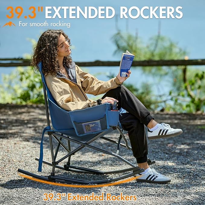 Portal Outdoor Rocking Chair Camping Folding Portable Rocker with Cup Holder Side Pocket Carry Bag, Support 350LBS, Blue - Image 4