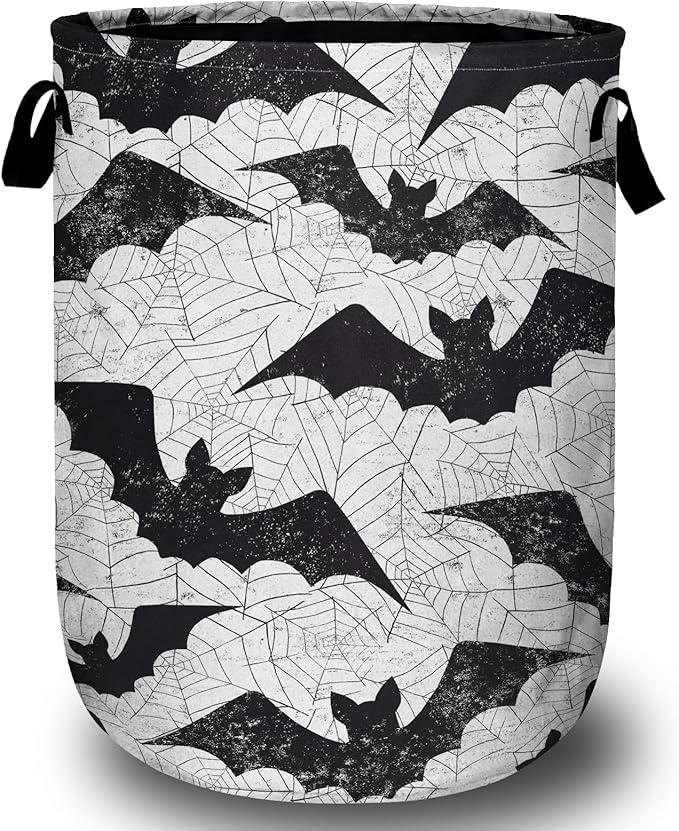 Retro Black White Bat Laundry Basket, Halloween Laundry Hamper Collapsible by ANTJOO
