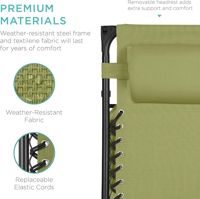 Best Choice Products Folding Zero Gravity Outdoor Recliner Patio Lounge Chair w/Adjustable Canopy Shade, Headrest, Side Accessory Tray, Textilene Mesh - Dusty Green - Image 5
