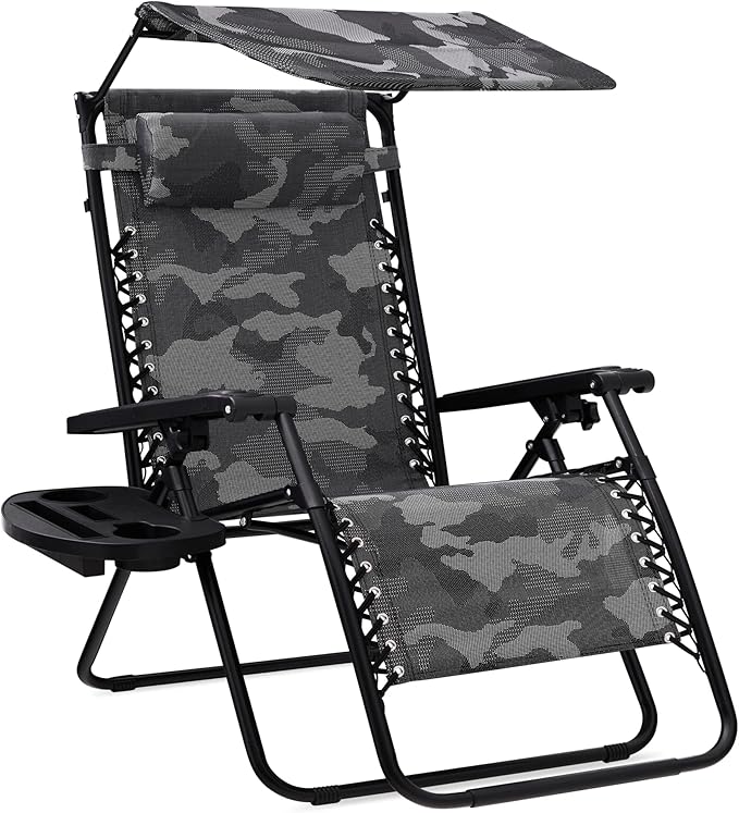 Best Choice Products Folding Zero Gravity Outdoor Recliner Patio Lounge Chair w/Adjustable Canopy Shade, Headrest, Side Accessory Tray, Textilene Mesh - Camouflage by BestChoiceProducts