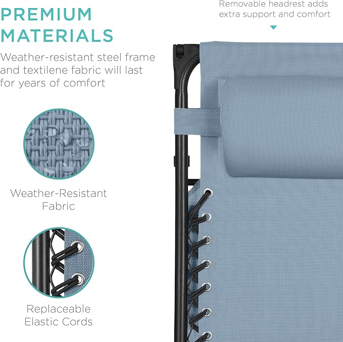 Best Choice Products Folding Zero Gravity Outdoor Recliner Patio Lounge Chair w/Adjustable Canopy Shade, Headrest, Side Accessory Tray, Textilene Mesh - Dusty Blue - Image 5