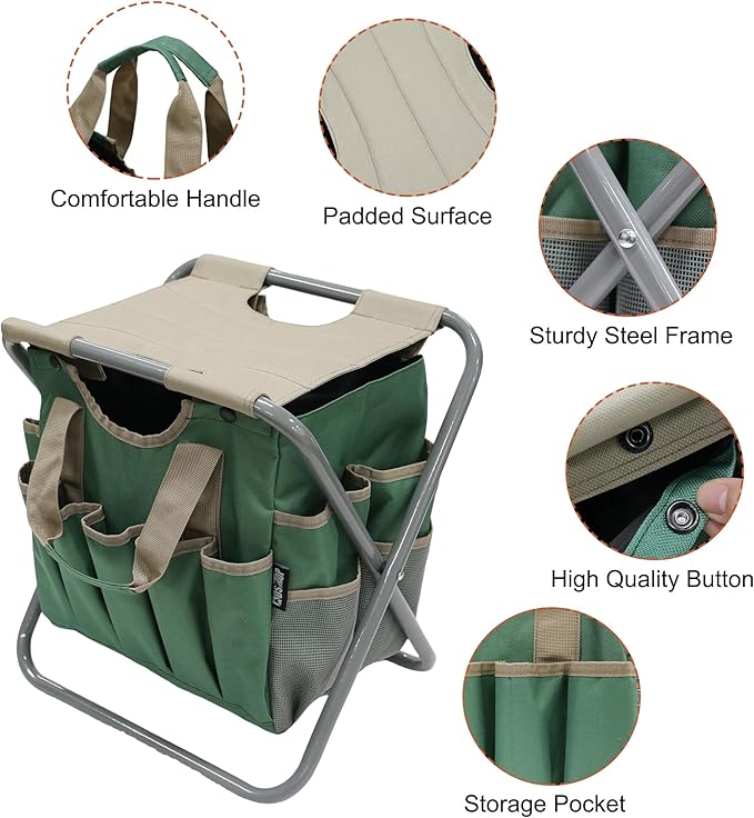 MDSTOP Folding Gardening Stool with Detachable Storage Tote Bag, Gardening Tools Set Organizer for Fishing Outdoor Sports Hiking Camping Garden, Gardening Gifts for Mom/Dad and Gardeners (Polyester) - Image 4