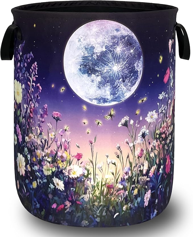 Moon Laundry Basket Oxford Cloth Night Sky Colorful Floral Butterfly Laundry by Unknown