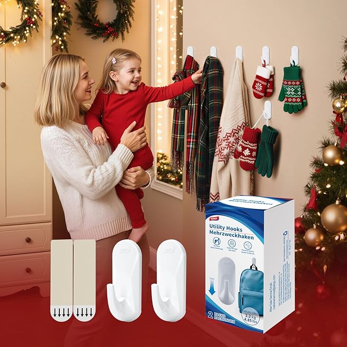 TAILI Hooks for Hanging, 2 Plastic Large Sticky Hooks and 4 Adhesive Strips - Image 2