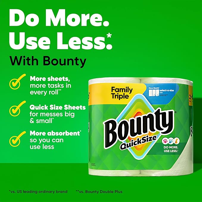 Bounty Quick-Size Paper Towels, 8 Family Triple Rolls = 27 Regular Rolls - Image 2