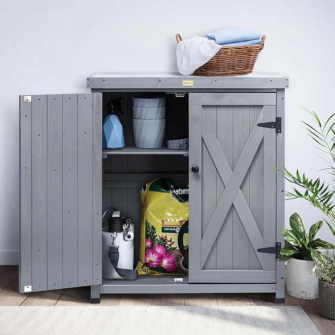 HABAU Outdoor Storage Cabinets Weatherproof for Patio, Garden Work Bench with Shelves & Metal Tabletop, Wooden Potting Table Workstation - Image 6