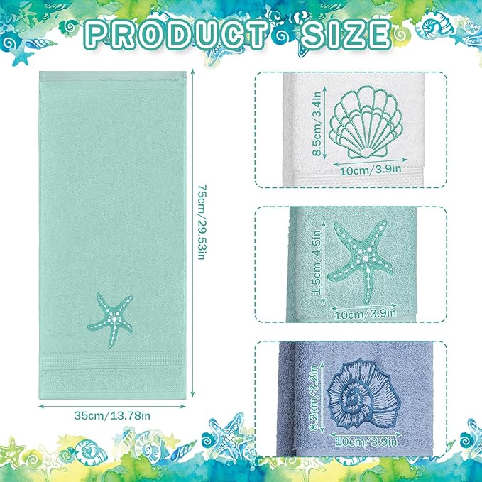 3 Pack Coastal Hand Towels for Bathroom 100% Cotton Embroidered Beach Bathroom - Image 2