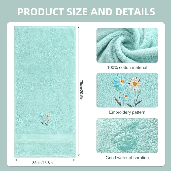 2 Pcs Daisy Hand Towels Teal Flower Bathroom Decor 14x29 Inch Embroidered 100% - Image 3