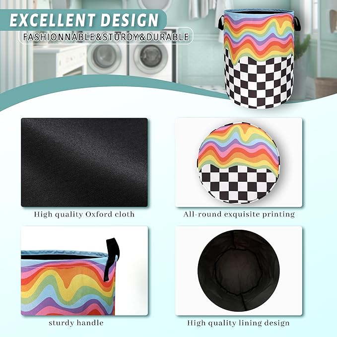 Rainbow Grey White Plaid Laundry Hamper Colorful Hippie Funny Laundry Basket - Image 4
