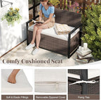 RELAX4LIFE Wicker Outdoor Bench with Storage - Rattan Deck Box w/Protective Liner for Pillows, Pool Supplies, Garden Tools, Patio Loveseat with Seat Cushion & Metal Armrests for Backyard Porch Balcony - Image 5