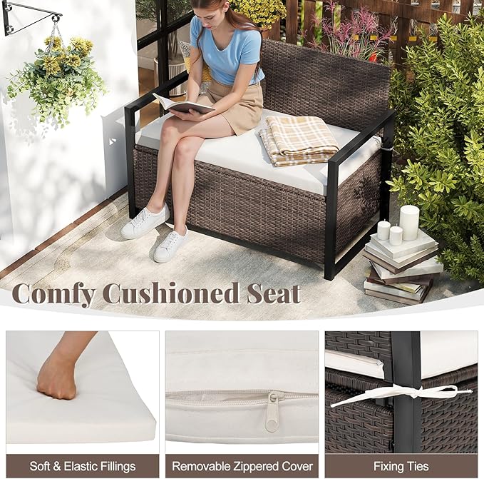 Tangkula 40 Gallon Outdoor Bench with Storage, Patio Wicker Storage Bench with Cushion, Cover, Metal Frame, Deck Box Seat for Backyard, Poolside, Balcony, Garden - Image 7