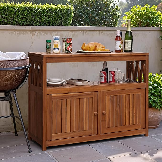 Flamaker Outdoor Storage Cabinet Weatherproof Acacia Wood Outdoor Cabinet with 2 Magnetic Doors Used for Outdoor Storage, Buffet Cabinet, TV Stand, Bar Table, Potting Table (Brown) - Image 5