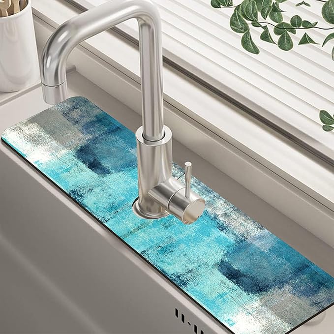 Kitchen Sink Splash Guard Faucet Mat Abstract Teal and Grey Geometric Absorbent by Unknown