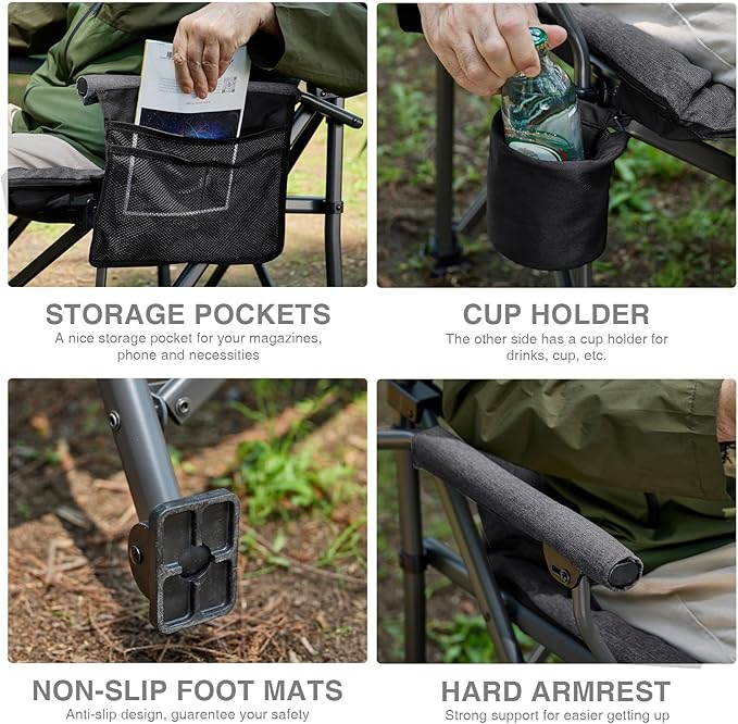 EVER ADVANCED Padded Oversized Folding Camping Chair for Adults, Heavy Duty Lawn Chair with Side Pockets, Portable Collapsible Quad Chair for Outside, Support Up to 500lbs, Black - Image 5