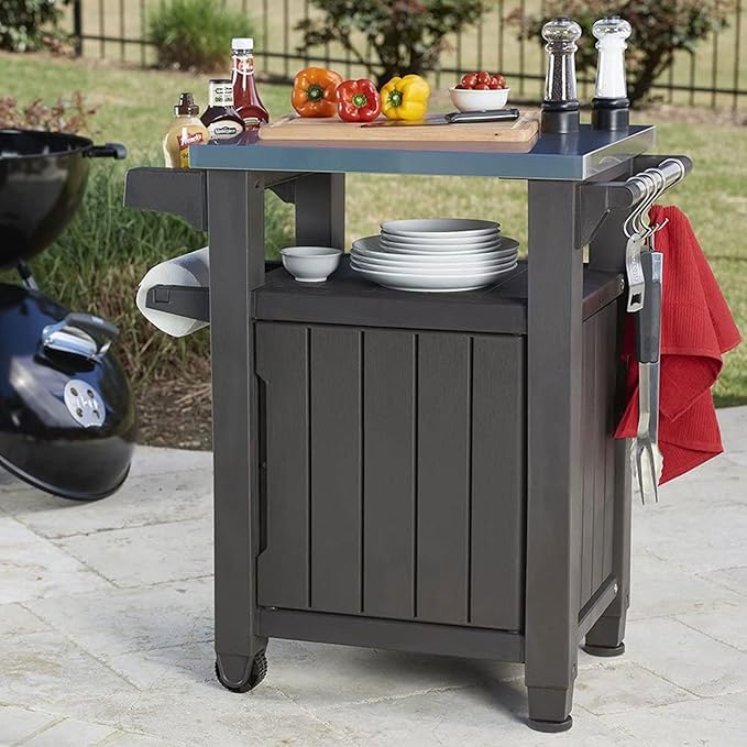 Keter Outdoor Grill Prep Table & Serving Cart, Stainless Steel Top, Unity, 40 Gal, Brown - Portable Bar Table and Cooking Accessory for Pool, Patio, Lawn, and Backyard - Image 7