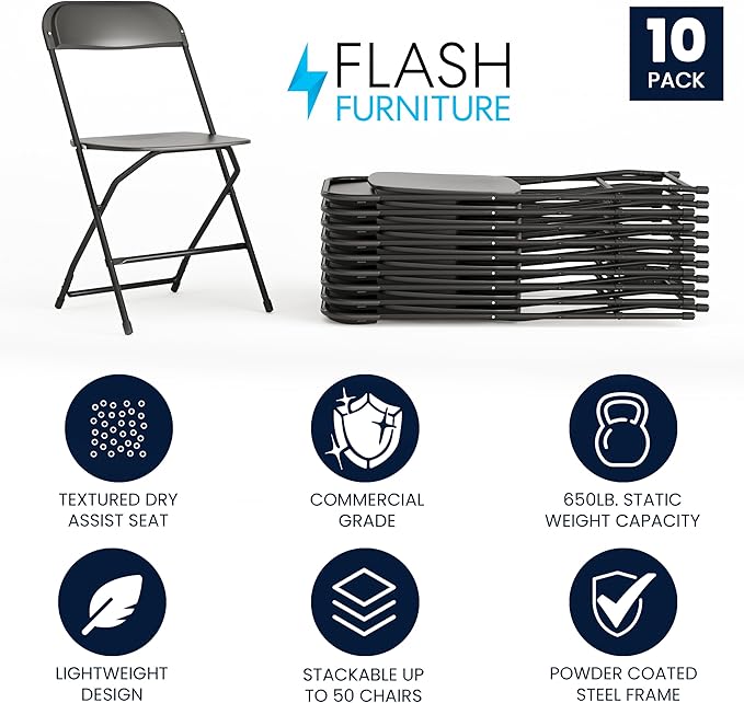 Flash Furniture Hercules Set of 10 Indoor/Outdoor Heavy-Duty Plastic Folding Chairs, Foldable Commercial Stacking Chairs with 650-lb. Static Weight Capacity, Black - Image 3