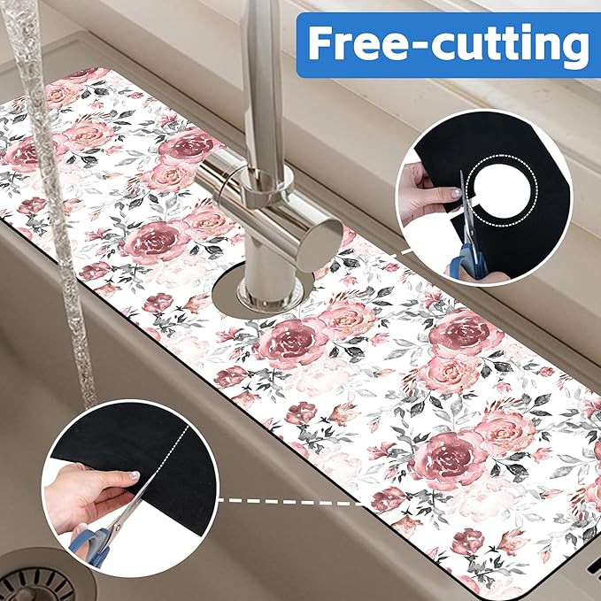 Pink Rose Floral Kitchen Sink Splash Guard Mat Absorbent Fast Drying Mat Faucet - Image 7