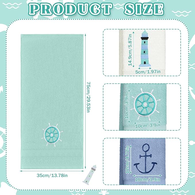 3 Pack Nautical Hand Towels for Bathroom 100% Cotton Embroidered Beach Bathroom - Image 2