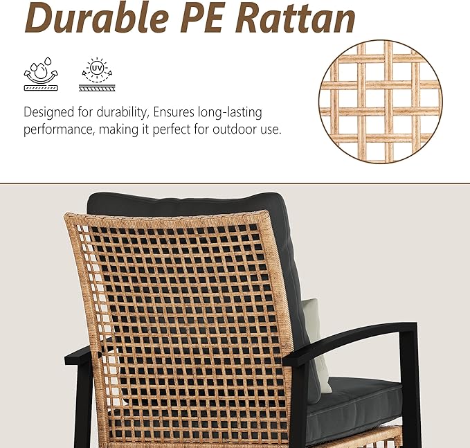 3 Piece Patio Rocking Chairs Set of 2, Outdoor Rocking Chair Bistro Set with Tempered Glass Coffee Table and Thick Lumbar Pillow Set, Front Porch Chairs for Garden, Backyard (Gray Cushion) - Image 6
