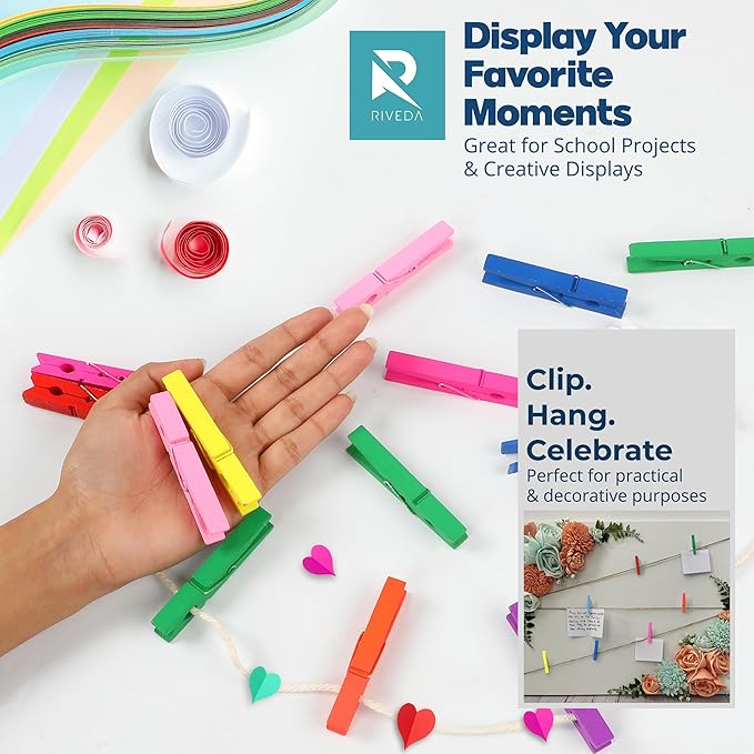 RIVEDA 50pcs Colored Wooden Clothes Pins, 2.9inch 10 Colors, Clothespins - Image 7