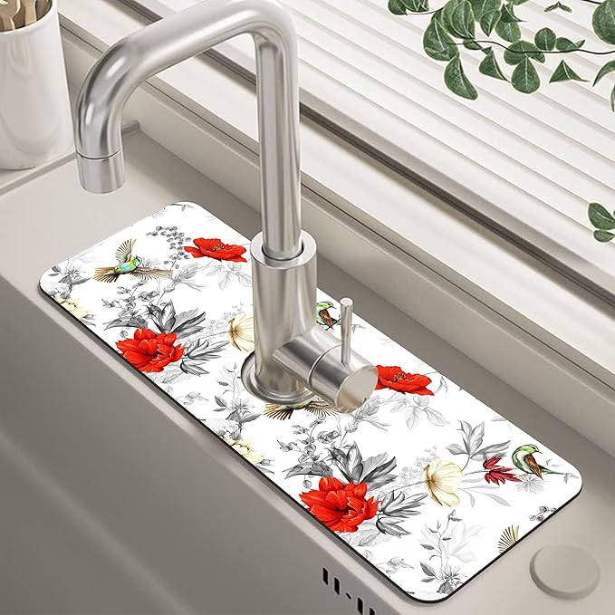 Poppy Wildflower Nightingale Sink Faucet Absorbing Mat Sink Splash Guard Faucet by Unknown
