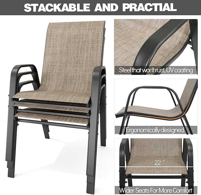 Patio Chairs Set of 8, Stackable Outdoor Dining Chairs for All Weather Textilene Fabric & Metal Frame, Outdoor Chairs Set for Backyard Deck Garden (Brown, Set of 8) - Image 4