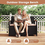 Tangkula 46 Gallon Outdoor Bench with Storage, Outdoor PE Rattan Storage Bench with Cushion, Backrest & Acacia Wood Armrests, Metal Frame, Waterproof Deck Box Seat for Porch Backyard Poolside - Image 8