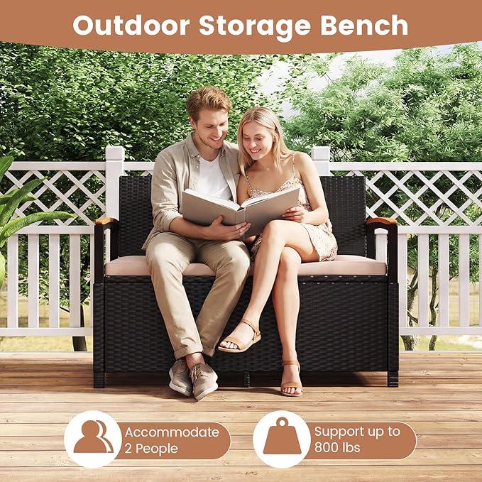 Tangkula 46 Gallon Outdoor Bench with Storage, Outdoor PE Rattan Storage Bench with Cushion, Backrest & Acacia Wood Armrests, Metal Frame, Waterproof Deck Box Seat for Porch Backyard Poolside - Image 8