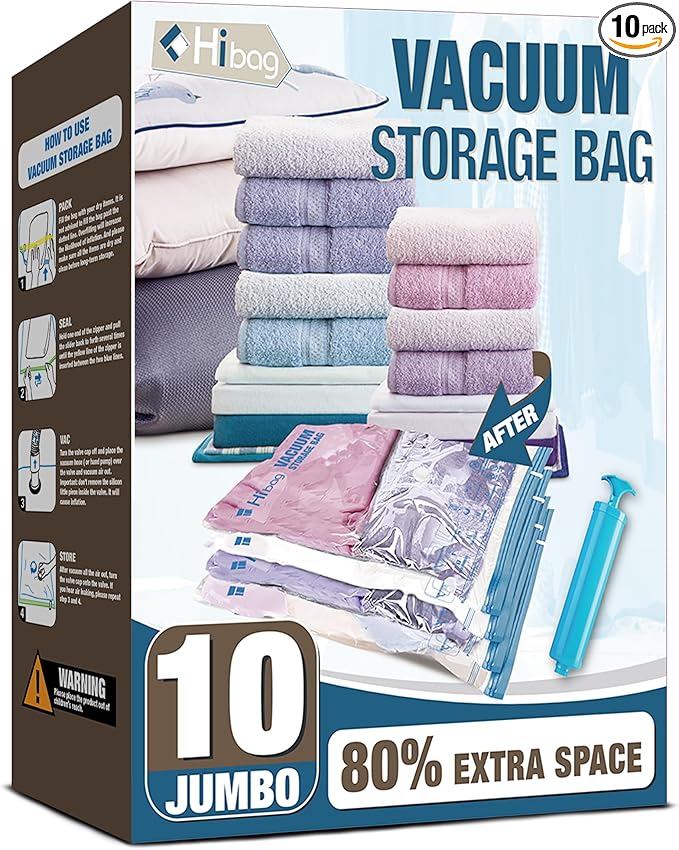 HIBAG Vacuum Storage Seal Bags, 10 Jumbo Space Saver Vacuum Sealer Bags by HIBAG