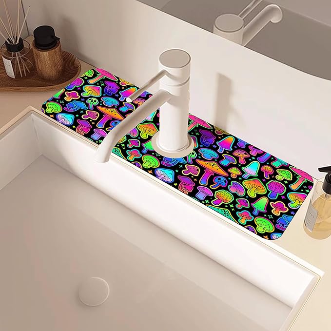 Bright Neon Mushroom Kitchen Sink Splash Guard Absorbent Fast Drying Mat Faucet - Image 2