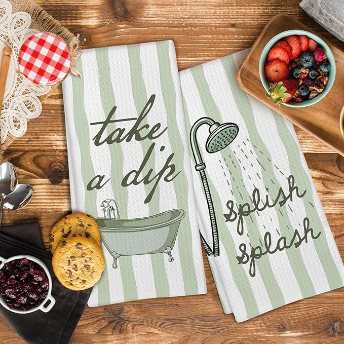 Sage Green Hand Towels for Bathroom Set of 2, Splish Splash Bathtub Dish Tea - Image 3