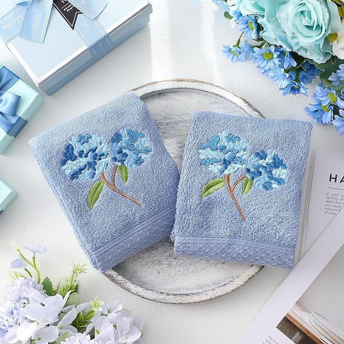 2 Pcs Hydrangea Hand Towels Blue Hydrangea Floral Bathroom Decor 14x29 Inch - Image 4