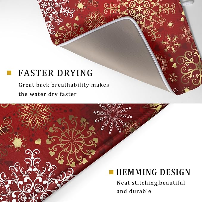 Red Snowflake Dish Drying Mat for Kitchen Counter Holiday Super Absorbent - Image 3