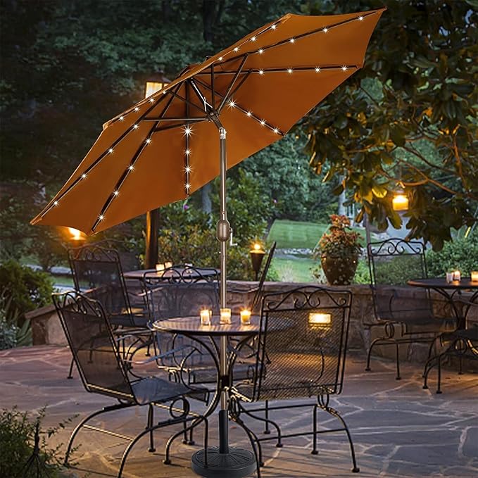 Blissun 9 ft Solar Umbrella 32 LED Lighted Patio Umbrella Table Market Umbrella with Tilt and Crank Outdoor Umbrella for Garden, Deck, Backyard, Pool and Beach, Brown - Image 7