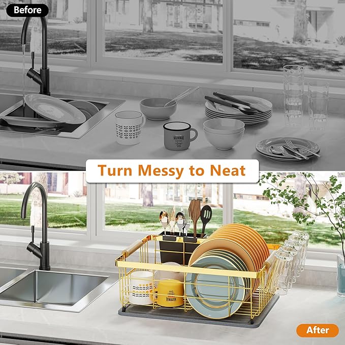 Dish Drying Rack Gold with Diatomaceous Earth 1 Tier, Large Capacity Space - Image 3