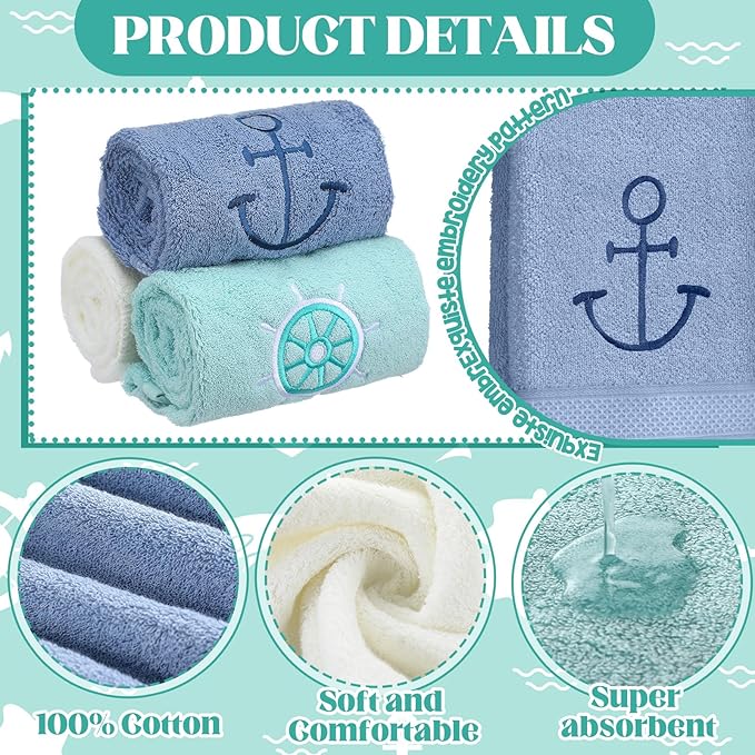 3 Pack Nautical Hand Towels for Bathroom 100% Cotton Embroidered Beach Bathroom - Image 3