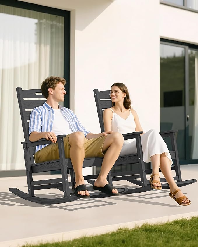 SERWALL Outdoor Rocking Chair, Oversized Rocking Chair with Footrest for Adults, HDPE All Weather Resistant Rocking Chairs for Patio, 350lbs Weight Capacity, Gray - Image 2