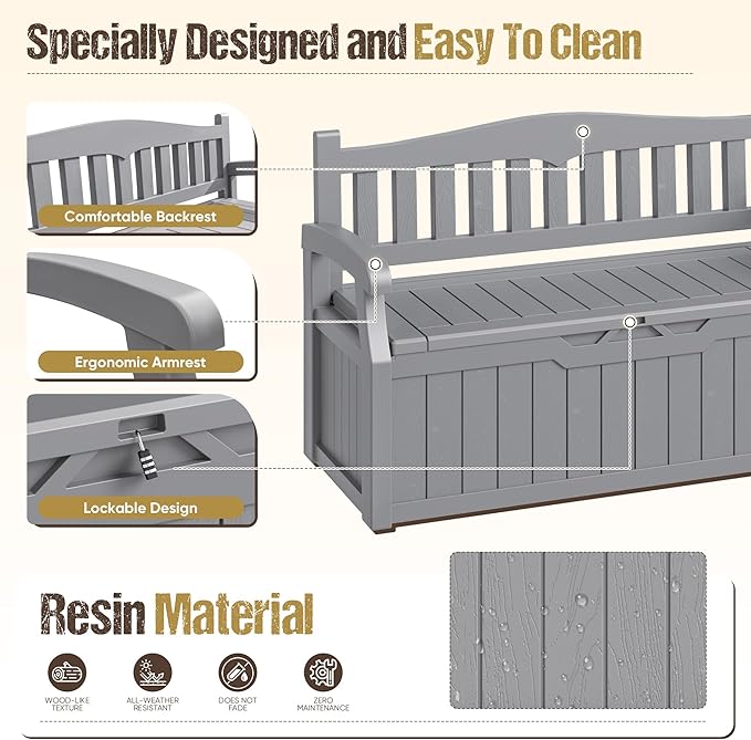 80-Gallon Outdoor Storage Bench, Waterproof Deck Box with Lockable Lid & Armrests for Patio, Garden, Pool, Gray - Image 6