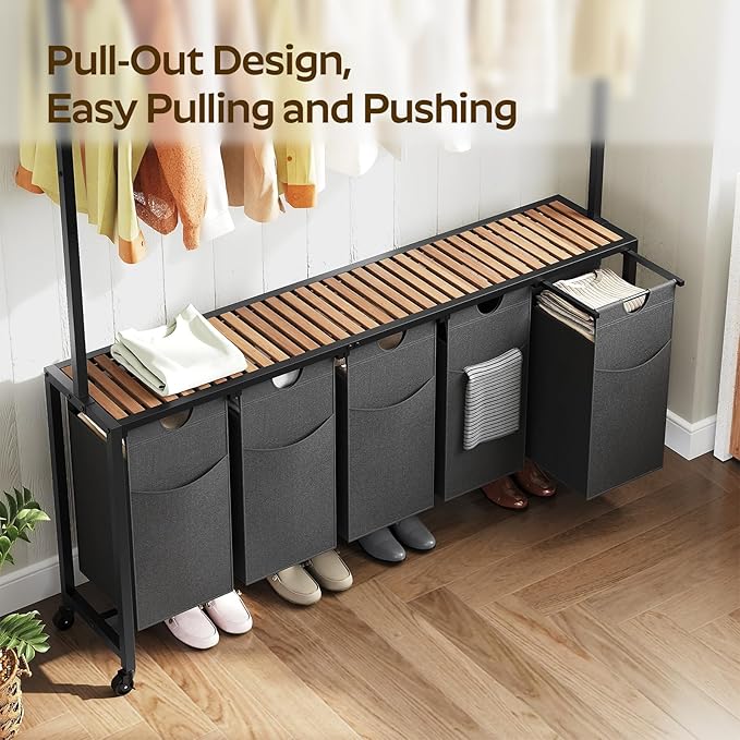 Laundry Hamper, Laundry Sorter 5 Section, Rolling Laundry Basket, Laundry Sorter - Image 4