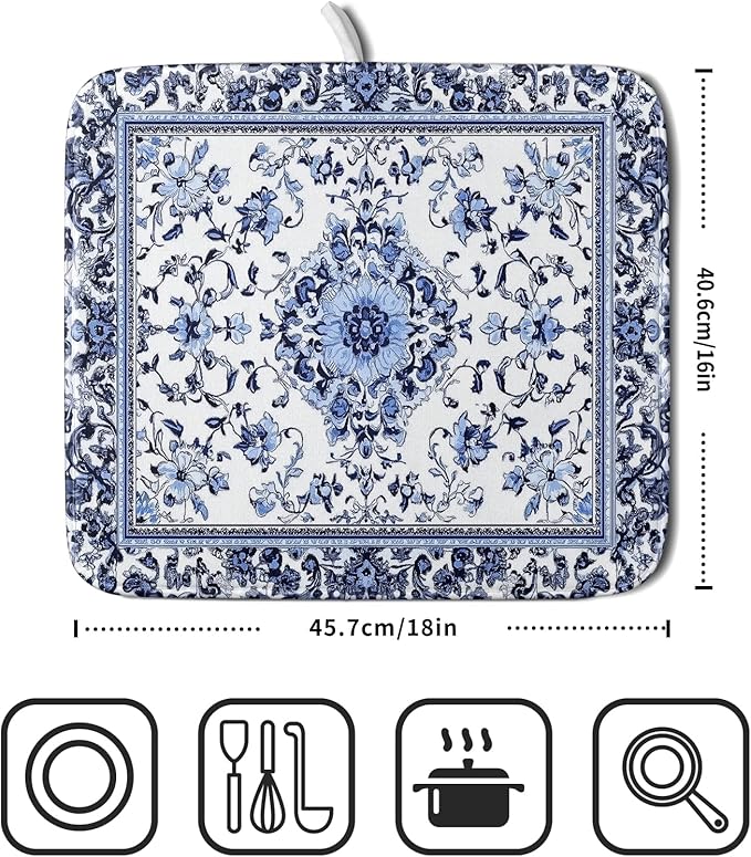 Boho Floral Dish Drying Mat 16x18 Inch Blue Leaves Kitchen Drying Pad - Image 2