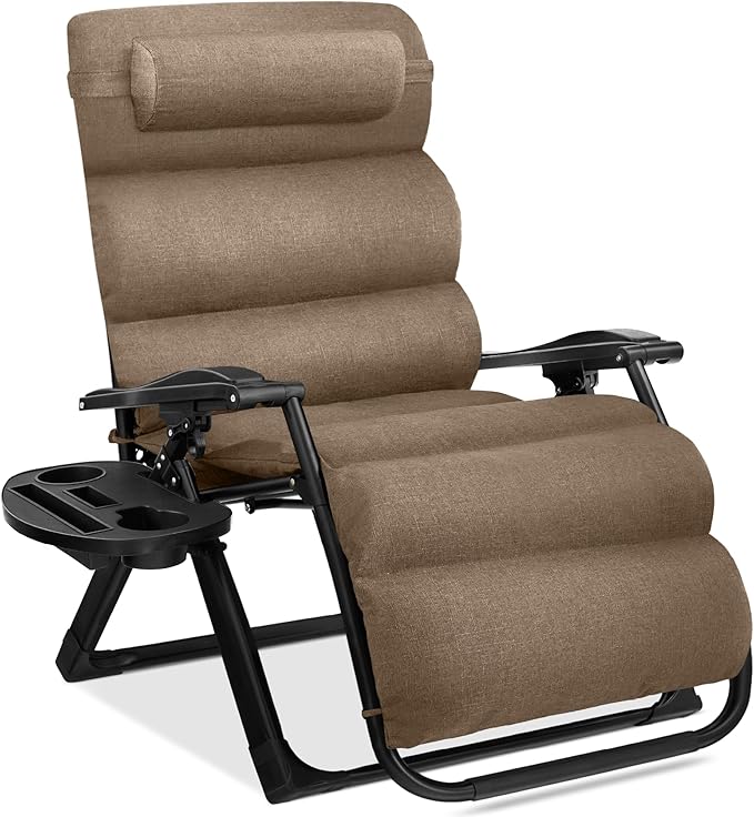 Best Choice Products Oversized Zero Gravity Chair, Folding Outdoor Patio Recliner, XL Anti Gravity Lounger w/Removable Cushion, Cup Holder, Side Tray, 350lb Capacity - Taupe by BestChoiceProducts