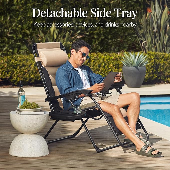 Best Choice Products Oversized Padded Zero Gravity Chair, Folding Outdoor Patio Recliner, XL Anti Gravity Lounger for Backyard w/Headrest, Cup Holder, Side Tray, Polyester Mesh - Tan - Image 6