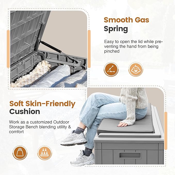 Greesum 100 Gallon Resin Deck Box Large Outdoor Storage with Cushions for Patio Furniture, Garden Tools, Pool Supplies, Weatherproof and UV Resistant, Lockable,Gray - Image 5