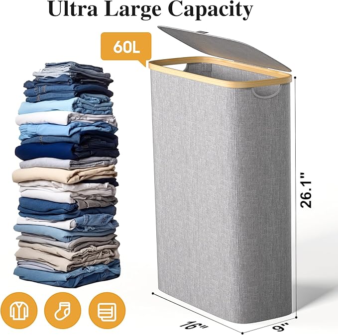 Slim Laundry Hamper, 60L Waterproof Narrow Laundry Basket - Image 2