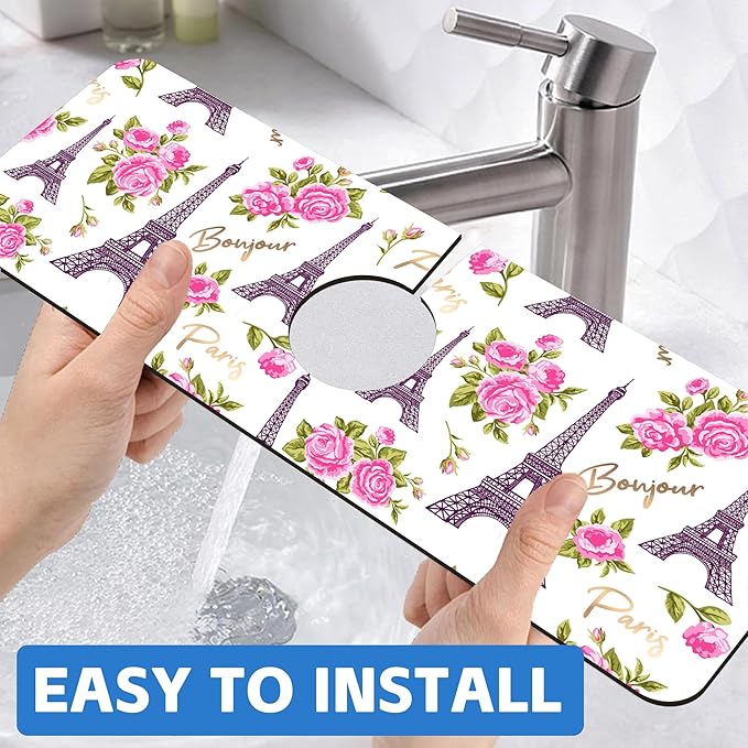 Romantic Eiffel Tower Roses Kitchen Sink Splash Guard Mat Absorbent Fast Drying - Image 6