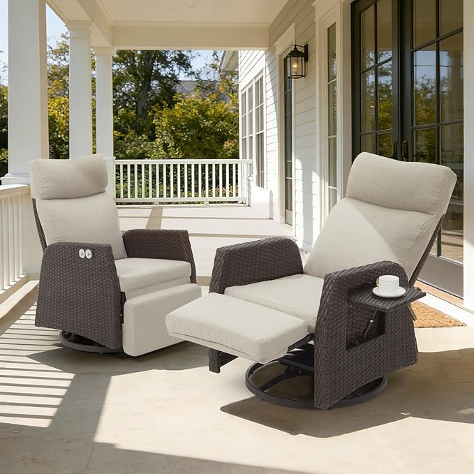 Adjustable Outdoor Recliner Chair with Independent Backrest & Footrest, Patio Swivel Recliner Chair, Wicker Reclining Patio Chair w/Flip-Up Table, 155° Lay Flat Chaise Lounge, Beige, 2PCS by Unknown