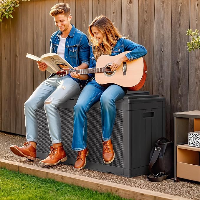 Greesum 100 Gallon Resin Deck Box Large Outdoor Storage with Cushions for Patio Furniture, Garden Tools, Pool Supplies, Weatherproof and UV Resistant, Lockable,Gray - Image 2