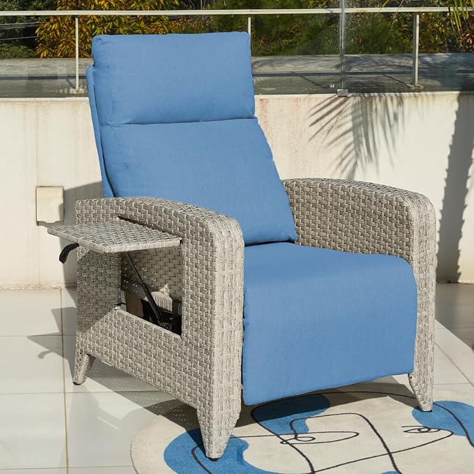 Upgraded Outdoor Recliner Chair, Reclining Patio Chairs with Adjustable Back up to 150°Lay Flat and Extended Footrest, Wicker Recliner Chairs with Flip Table and Removable Olefin Cushion by zzw
