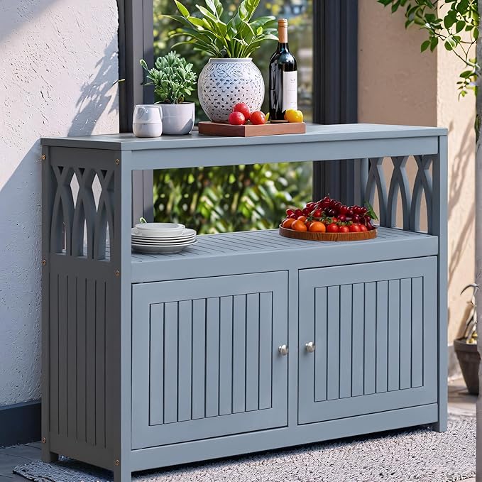 Flamaker Acacia Wood Cabinet with 2 Magnetic Doors - Weatherproof Outdoor Storage, Buffet, TV Stand, Bar, Potting Table (Grey) - Image 6