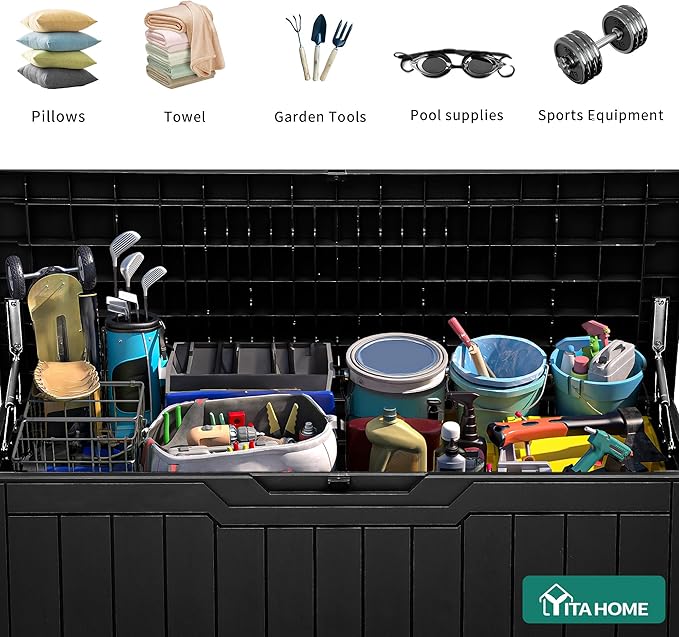 YITAHOME 80 Gallon Outdoor Storage Box, Large Water Resistant Resin Deck Box, Indoor Outdoor Lockable Storage Container for Patio, Garden, Cushions, Tools, Equipment (Black) - Image 4